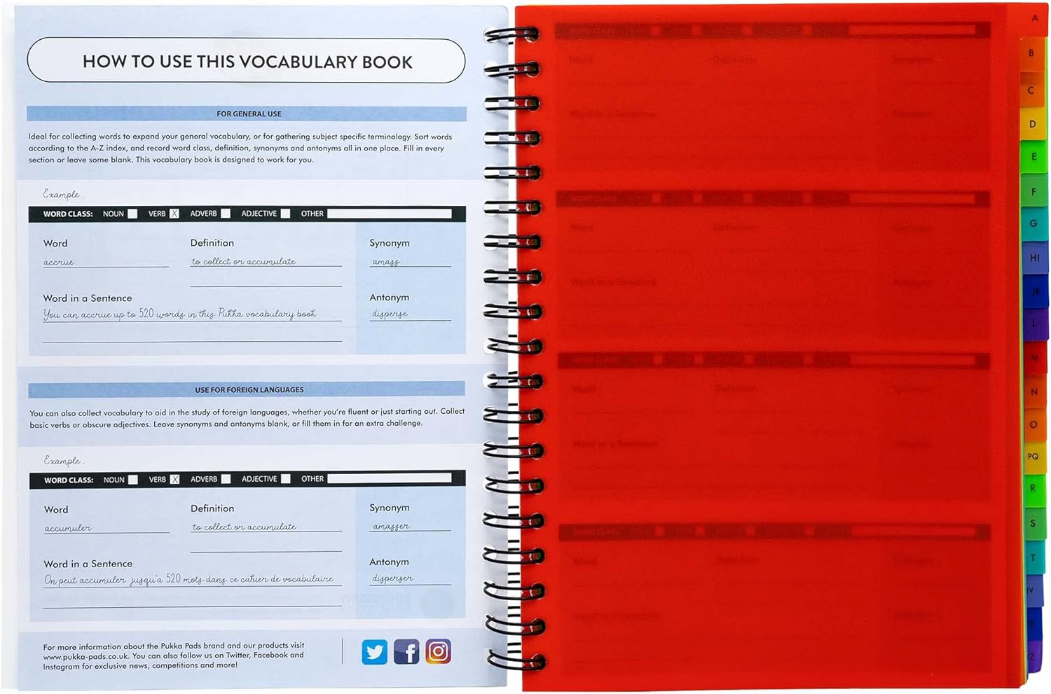 Pukka Pad B5 Vocabulary Book with 520 Word Capacity – Includes 20 Repositionable Alphabetised Dividers – Learn Synonyms, Antonyms, and Use in a Sentence – 100GSM