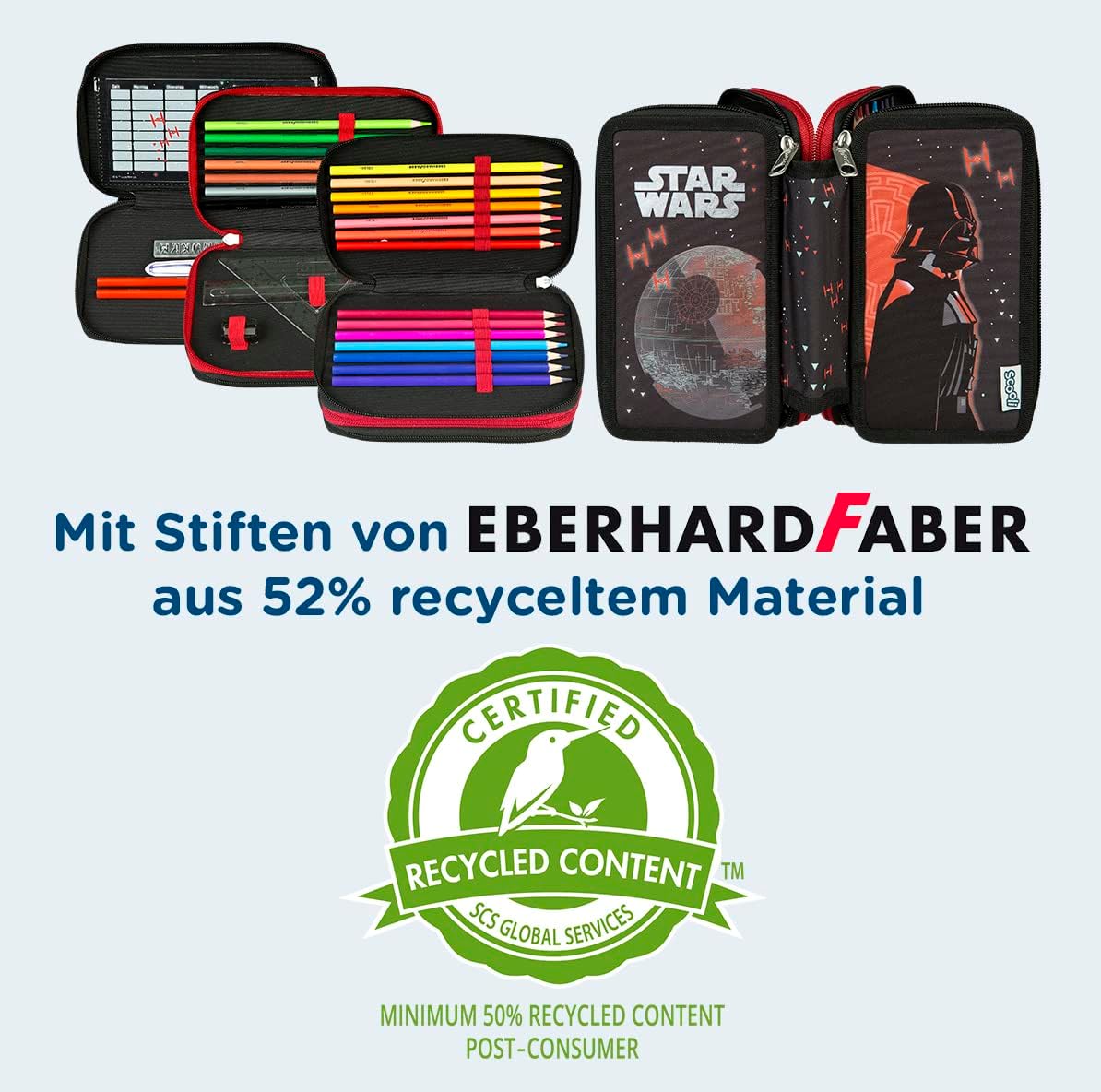 Scooli Star Wars Tripledecker - Filled Pencil Case with Eberhard Faber Pens - Stylish Pencil Case with Motif - Pencil Case for Colouring Pencils and Pencils - Ideal for School Use