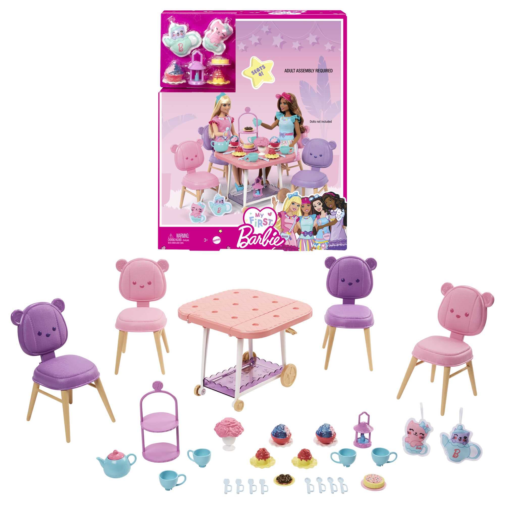 Barbie Tea Party Playset for Preschoolers, My First Barbie Tea Party Playset and Accessories, Preschool Toys and Gifts, Tea Party with 18 Storytelling Pieces, Two Plush Items, from 3 Years, HMM65