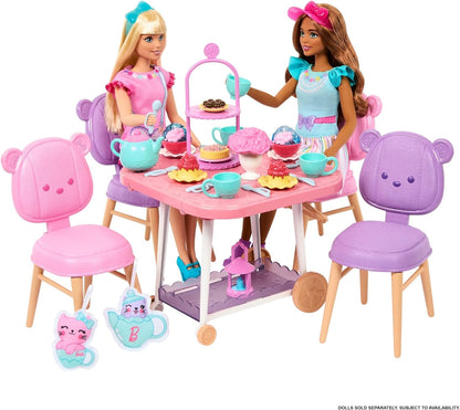 Barbie Tea Party Playset for Preschoolers, My First Barbie Tea Party Playset and Accessories, Preschool Toys and Gifts, Tea Party with 18 Storytelling Pieces, Two Plush Items, from 3 Years, HMM65