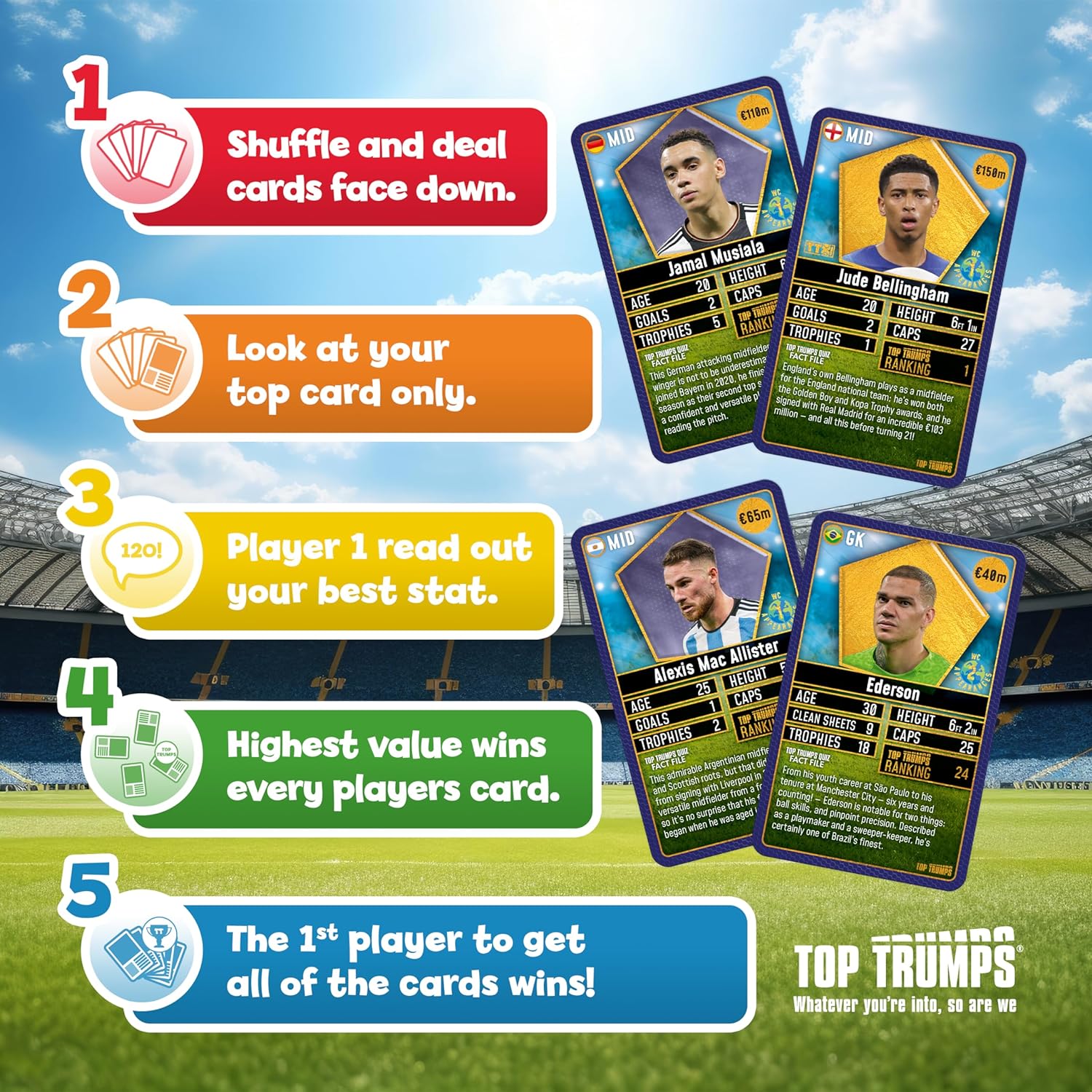 Top Trumps World Football Stars 200 Card Game Pack 1, Play with Lionel Messi, Sadio Mane, Mac Allister, Ederson and Jamal Musiala, educational gift for ages 6 plus