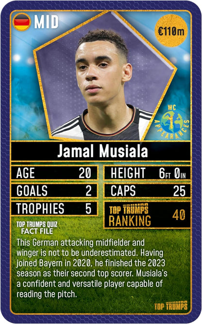 Top Trumps World Football Stars 200 Card Game Pack 1, Play with Lionel Messi, Sadio Mane, Mac Allister, Ederson and Jamal Musiala, educational gift for ages 6 plus