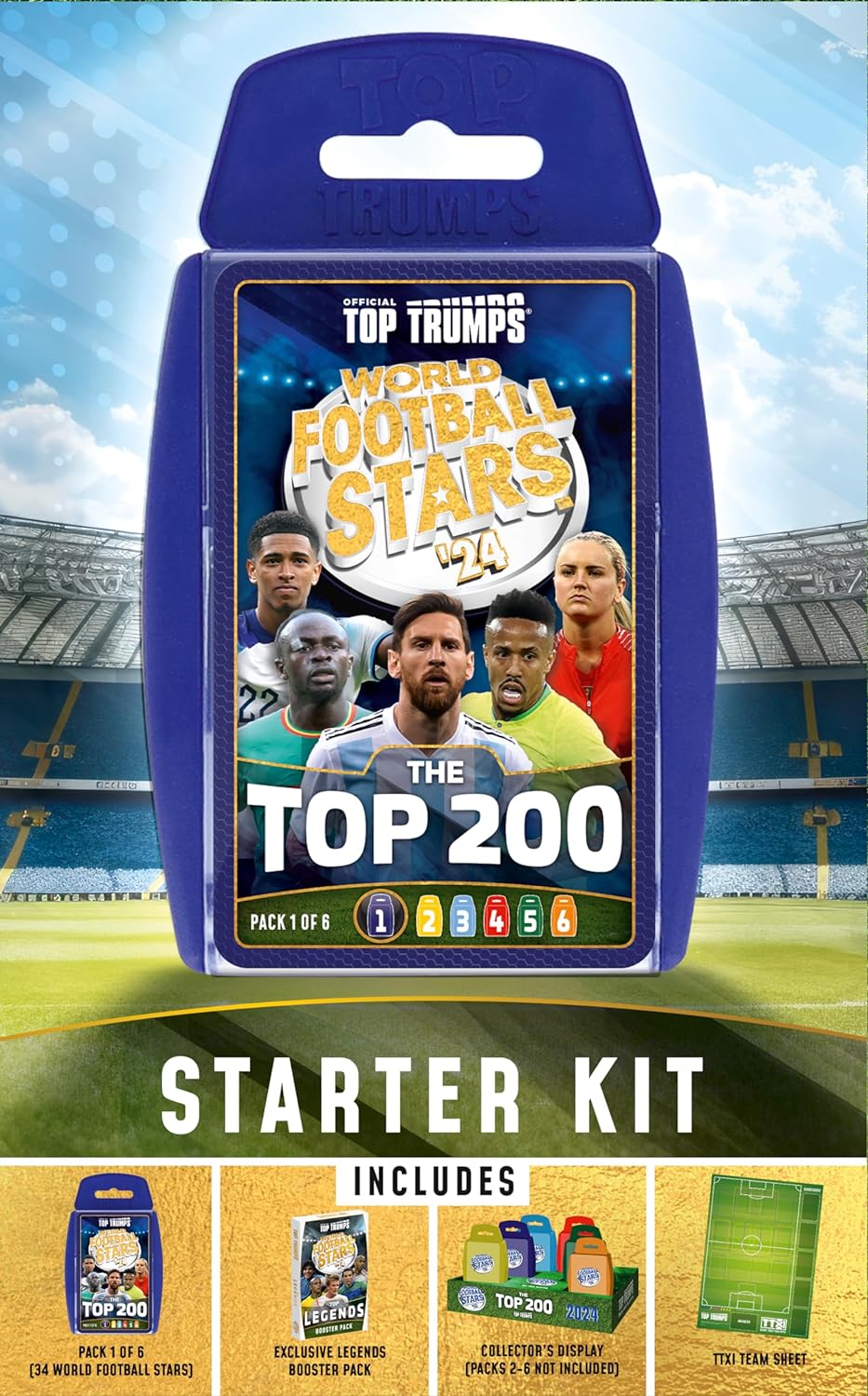 Top Trumps World Football Stars Top 200 Starter Kit Juego de cartas, Juega con Lionel Messi, Sadio Mane, Mac Allister, Ederson y Jamal Musiala, regalo educativo para mayores de 6 años