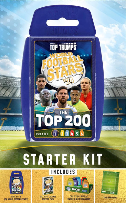 Top Trumps World Football Stars Top 200 Starter Kit Juego de cartas, Juega con Lionel Messi, Sadio Mane, Mac Allister, Ederson y Jamal Musiala, regalo educativo para mayores de 6 años