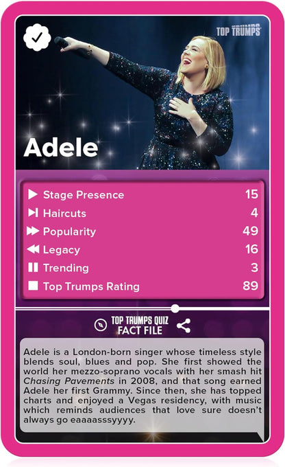 Top Trumps Popstars Classic Card Game, Play with Adele, Beyonce, Harry Styles and Taylor Swift in this educational pack, makes a great gift for ages 6 plus