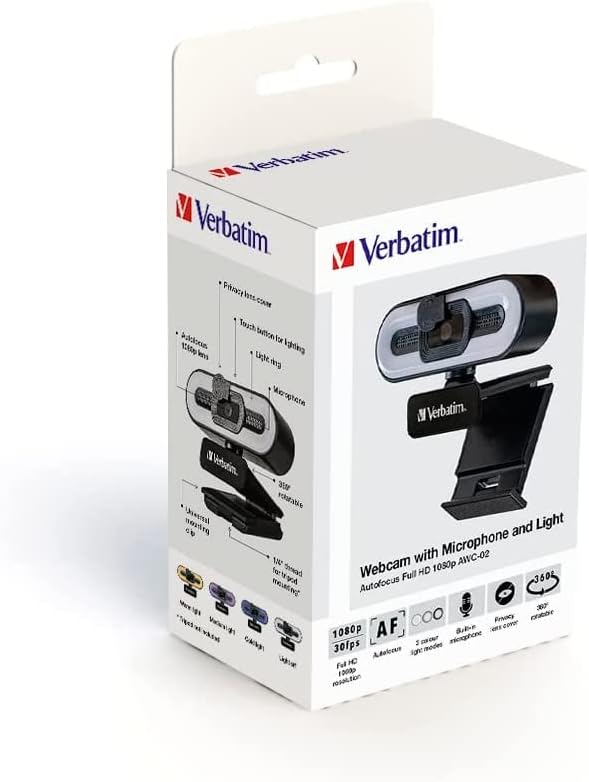 Verbatim Webcam with Microphone and Lighting, External Camera for Computer or Laptop with Full HD 1080P Auto Focus for Video Calls in Home Office or Streaming Cam