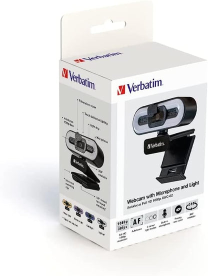 Verbatim Webcam with Microphone and Lighting, External Camera for Computer or Laptop with Full HD 1080P Auto Focus for Video Calls in Home Office or Streaming Cam
