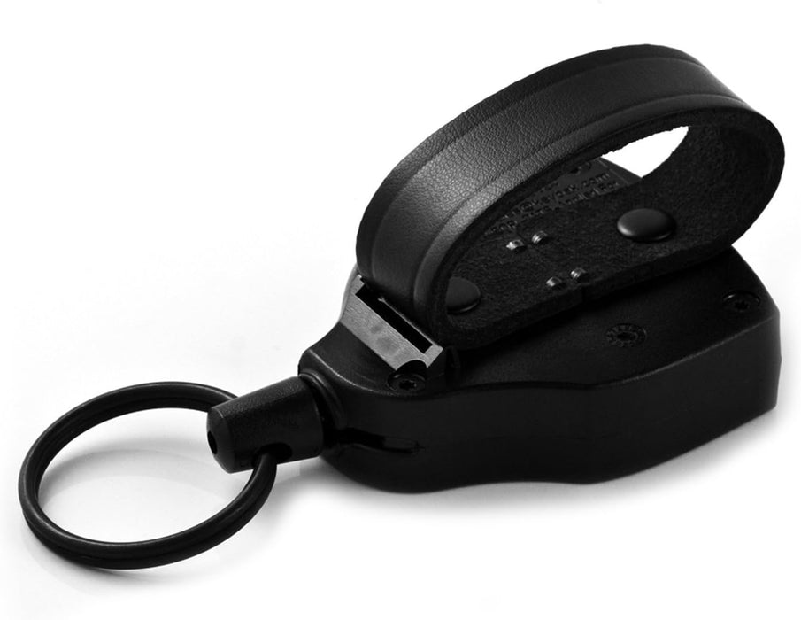 KEY-BAK SUPER48 Locking Retractable Keychain, Durable Polycarbonate Case, Leather Belt Loop, and Oversized Split Ring, Black Modern