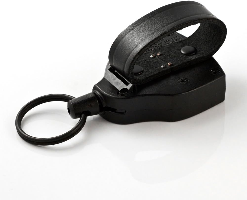 KEY-BAK SUPER48 Locking Retractable Keychain, Durable Polycarbonate Case, Leather Belt Loop, and Oversized Split Ring, Black Modern