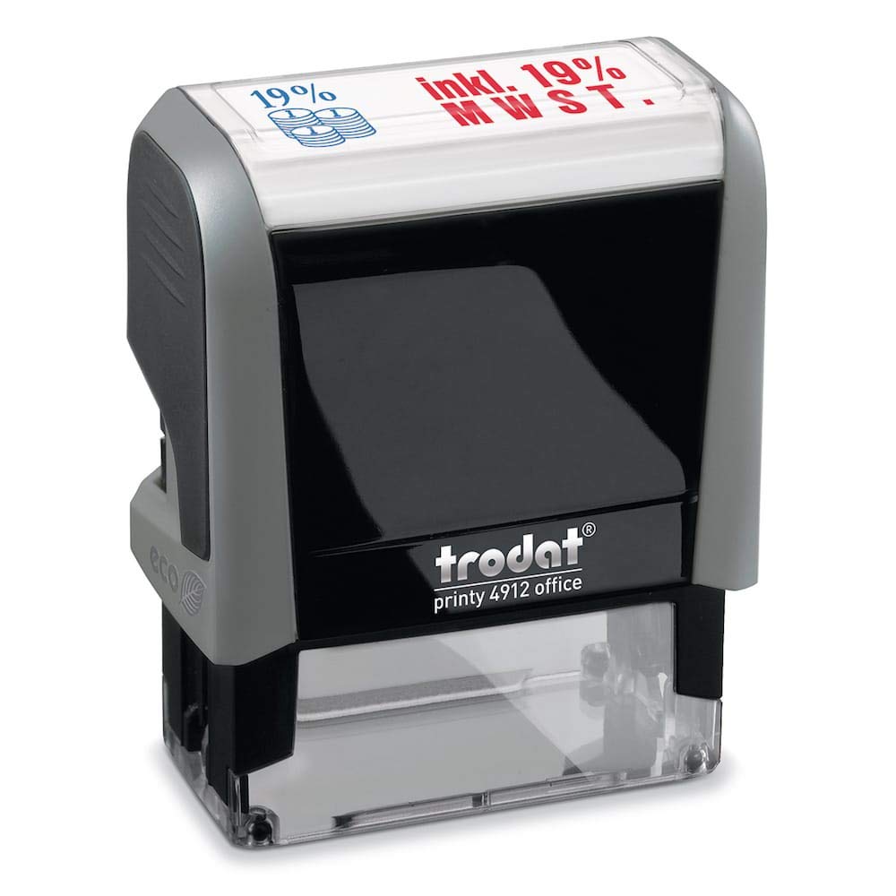 Trodat Office Printy 4912 Selbstfärbender Textstempel, Text INKL. 19% MWST, Abdruckfarbe blau-rot, 47 x 18 mm Abdruck 47x18mm INKL 19% MWST