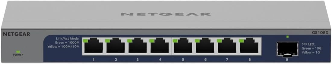 NETGEAR 8 Port 10GB Switch (GS108X) | Multi-Gigabit Ethernet Switch | 1 x 10G SFP+ Port | Desktop or Rackmount, and Lifetime Protection