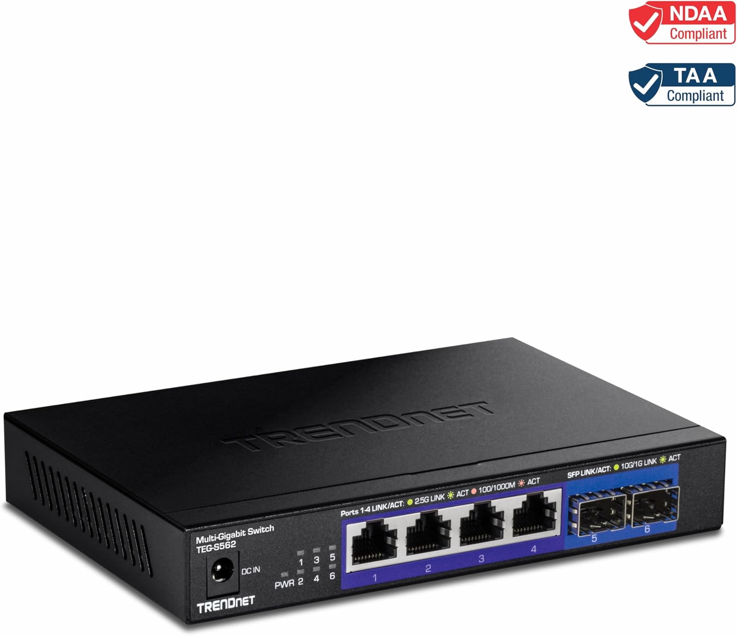 TRENDnet 6-Port Unmanaged Multi-Gig Switch, 4 x 2.5GBASE-T Ports, 2 x 10G SFP+ Ports Fanless, Compact Desktop Design, Metal Housing, Network Ethernet Switch, Lifetime Protection, Black, TEG-S562 4 Port 2.5G + 2 Port SFP+