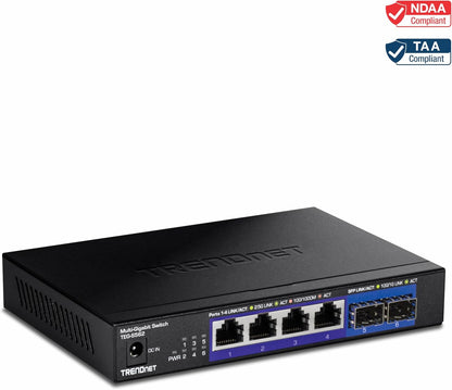 TRENDnet 6-Port Unmanaged Multi-Gig Switch, 4 x 2.5GBASE-T Ports, 2 x 10G SFP+ Ports Fanless, Compact Desktop Design, Metal Housing, Network Ethernet Switch, Lifetime Protection, Black, TEG-S562 4 Port 2.5G + 2 Port SFP+