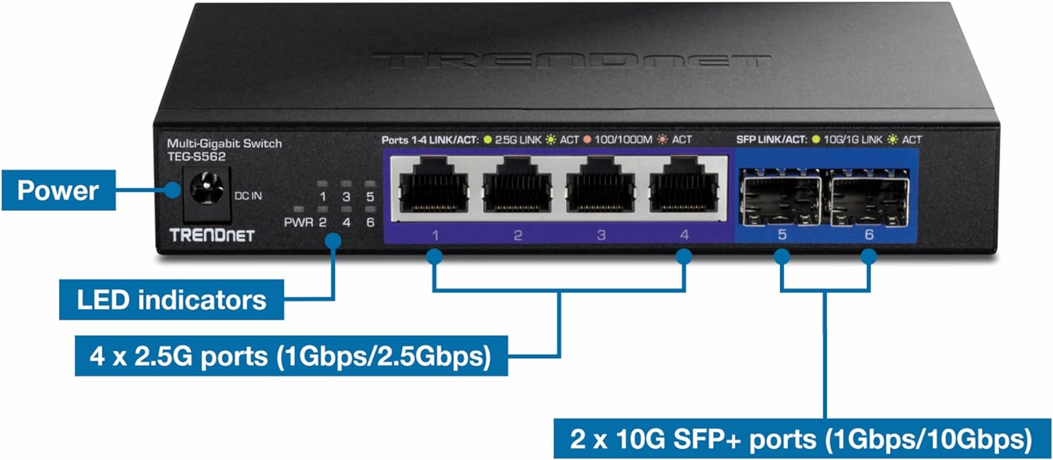 TRENDnet 6-Port Unmanaged Multi-Gig Switch, 4 x 2.5GBASE-T Ports, 2 x 10G SFP+ Ports Fanless, Compact Desktop Design, Metal Housing, Network Ethernet Switch, Lifetime Protection, Black, TEG-S562 4 Port 2.5G + 2 Port SFP+