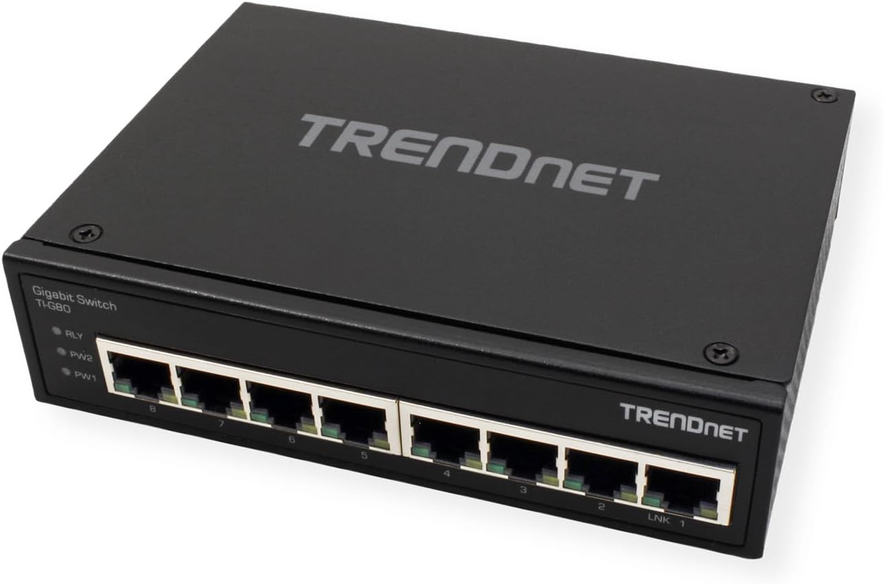 TRENDnet TI-G80 8-Port gehärteter industrieller Gigabit-DIN-Schienen-Switch, 16-Gbit / s-Schaltkapazität, IP30-Metallgehäuse, DIN-Schienen- und Wandhalterungen inklusive Gigabit Switch 8 Port