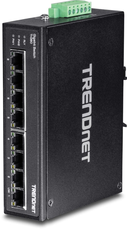 TRENDnet TI-G80 8-Port gehärteter industrieller Gigabit-DIN-Schienen-Switch, 16-Gbit / s-Schaltkapazität, IP30-Metallgehäuse, DIN-Schienen- und Wandhalterungen inklusive Gigabit Switch 8 Port