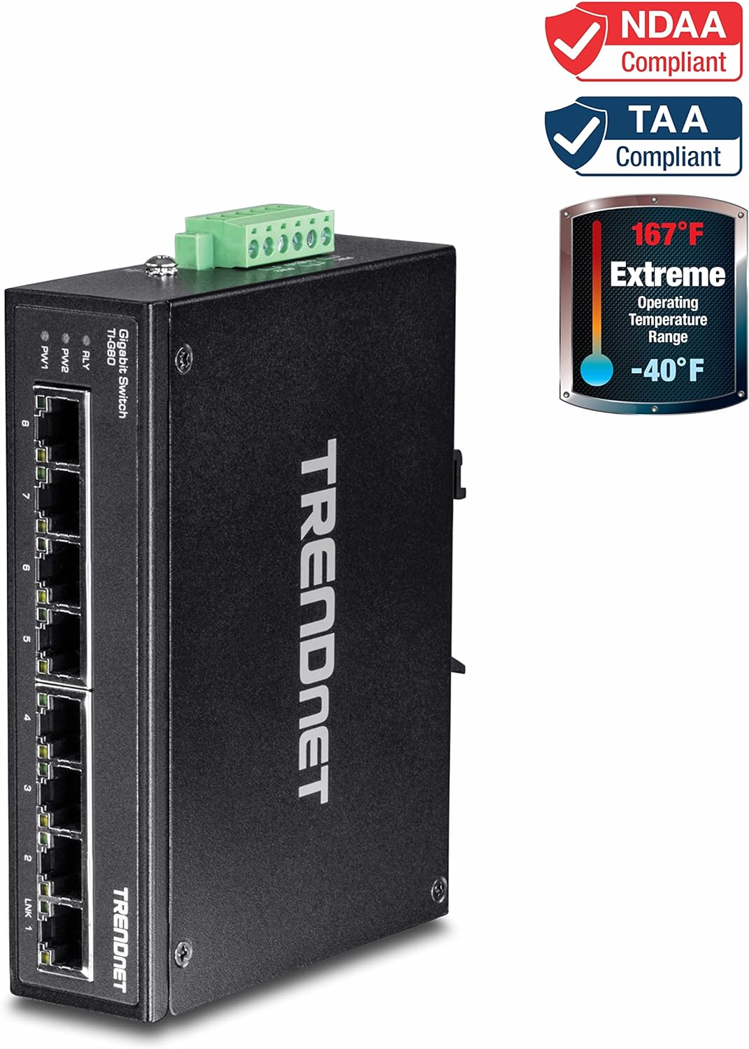 TRENDnet TI-G80 8-Port gehärteter industrieller Gigabit-DIN-Schienen-Switch, 16-Gbit / s-Schaltkapazität, IP30-Metallgehäuse, DIN-Schienen- und Wandhalterungen inklusive Gigabit Switch 8 Port