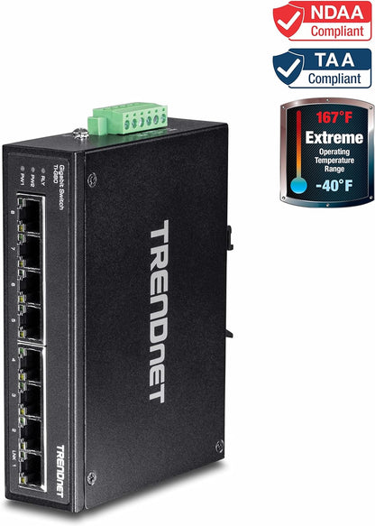TRENDnet TI-G80 8-Port gehärteter industrieller Gigabit-DIN-Schienen-Switch, 16-Gbit / s-Schaltkapazität, IP30-Metallgehäuse, DIN-Schienen- und Wandhalterungen inklusive Gigabit Switch 8 Port