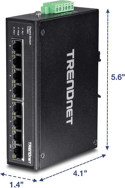 TRENDnet TI-G80 8-Port gehärteter industrieller Gigabit-DIN-Schienen-Switch, 16-Gbit / s-Schaltkapazität, IP30-Metallgehäuse, DIN-Schienen- und Wandhalterungen inklusive Gigabit Switch 8 Port