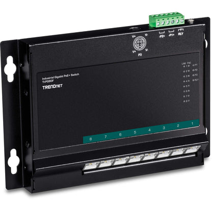 TRENDnet 8-Port Industrial Gigabit Poe+ Wall-Mounted Front Access Switch, 8 x Gigabit Poe+ Ports, DIN-Rail Mount, 48–57V DC Power Input, IP30, 200 W Poe Budget, TI-PG80F 8 Port Switch