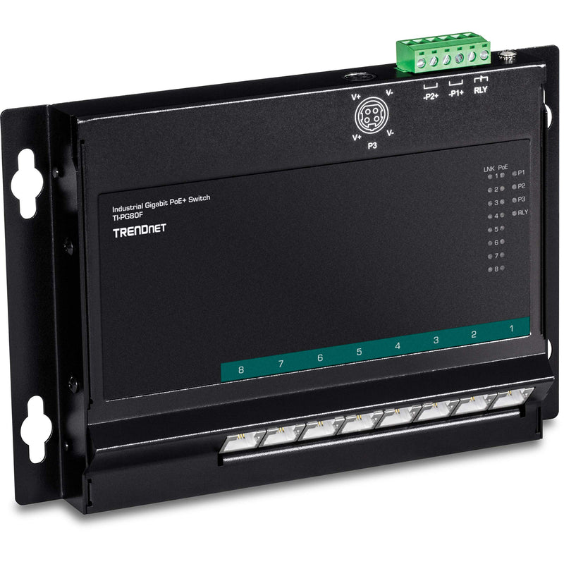 TRENDnet 8-Port Industrial Gigabit Poe+ Wall-Mounted Front Access Switch, 8 x Gigabit Poe+ Ports, DIN-Rail Mount, 48–57V DC Power Input, IP30, 200 W Poe Budget, TI-PG80F 8 Port Switch
