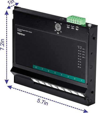 TRENDnet 8-Port Industrial Gigabit Poe+ Wall-Mounted Front Access Switch, 8 x Gigabit Poe+ Ports, DIN-Rail Mount, 48–57V DC Power Input, IP30, 200 W Poe Budget, TI-PG80F 8 Port Switch