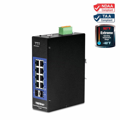 TRENDnet 10-Port Industrial Gigabit L2 Managed DIN-Rail Switch, 8 X Gigabit, 2 X SFP Slots, DIN-Rail Mount, IP30, Vlan, Qos, Lacp, STP/Rstp, Bandwidth Management, TI-G102i