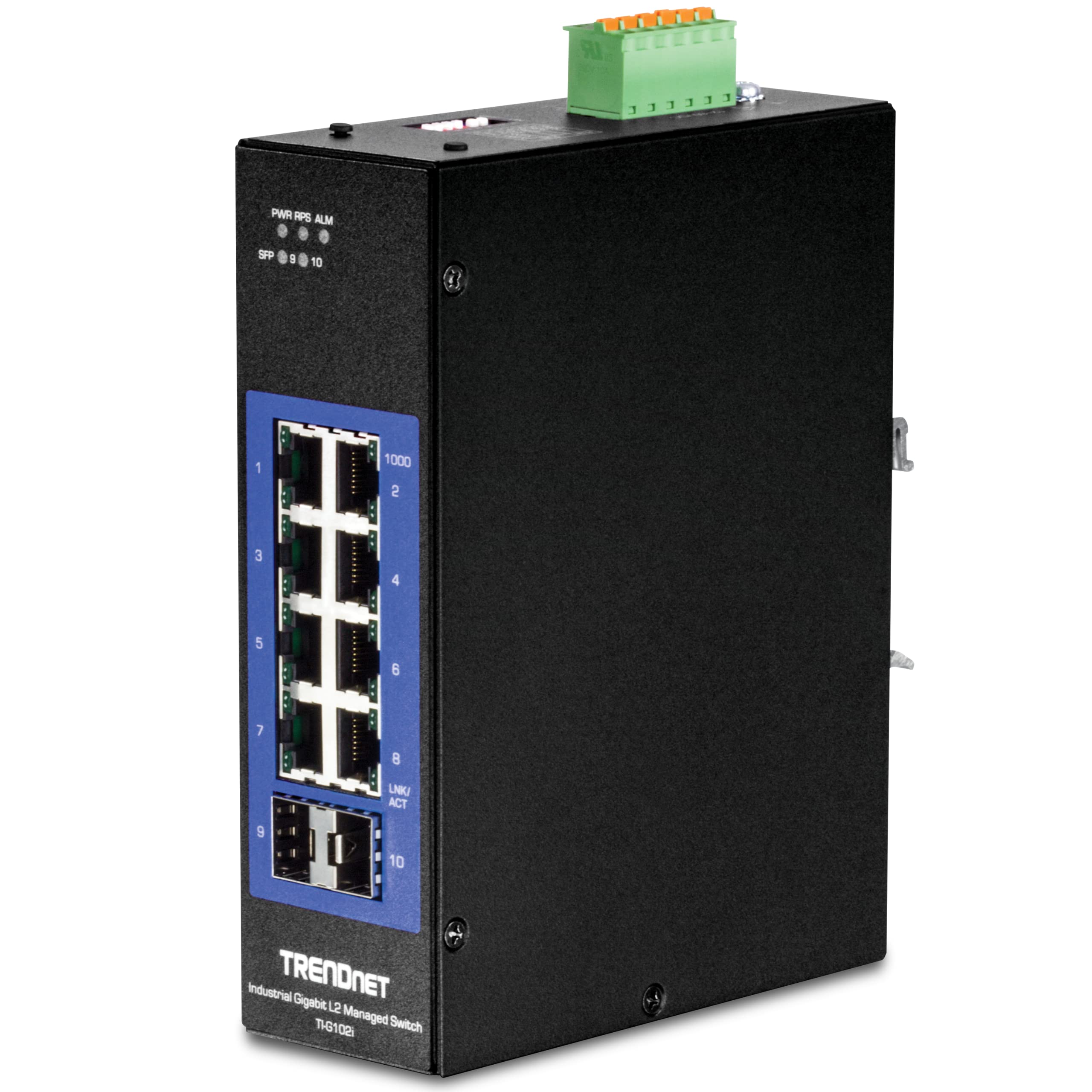 TRENDnet 10-Port Industrial Gigabit L2 Managed DIN-Rail Switch, 8 X Gigabit, 2 X SFP Slots, DIN-Rail Mount, IP30, Vlan, Qos, Lacp, STP/Rstp, Bandwidth Management, TI-G102i