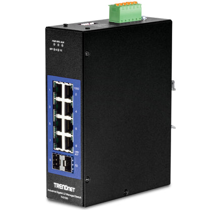 TRENDnet 10-Port Industrial Gigabit L2 Managed DIN-Rail Switch, 8 X Gigabit, 2 X SFP Slots, DIN-Rail Mount, IP30, Vlan, Qos, Lacp, STP/Rstp, Bandwidth Management, TI-G102i