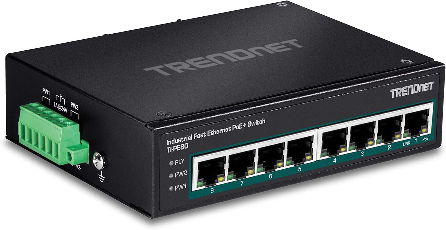 TRENDnet 8-Port Industrial Fast Ethernet PoE+ DIN-Rail Switch, TI-PE80, 8 x Fast Ethernet PoE+ Ports, IP30 Network Unmanaged Switch, 200W PoE Power Budget, 1.6 Gbps Switching Capacity, Black 8 Port Switch