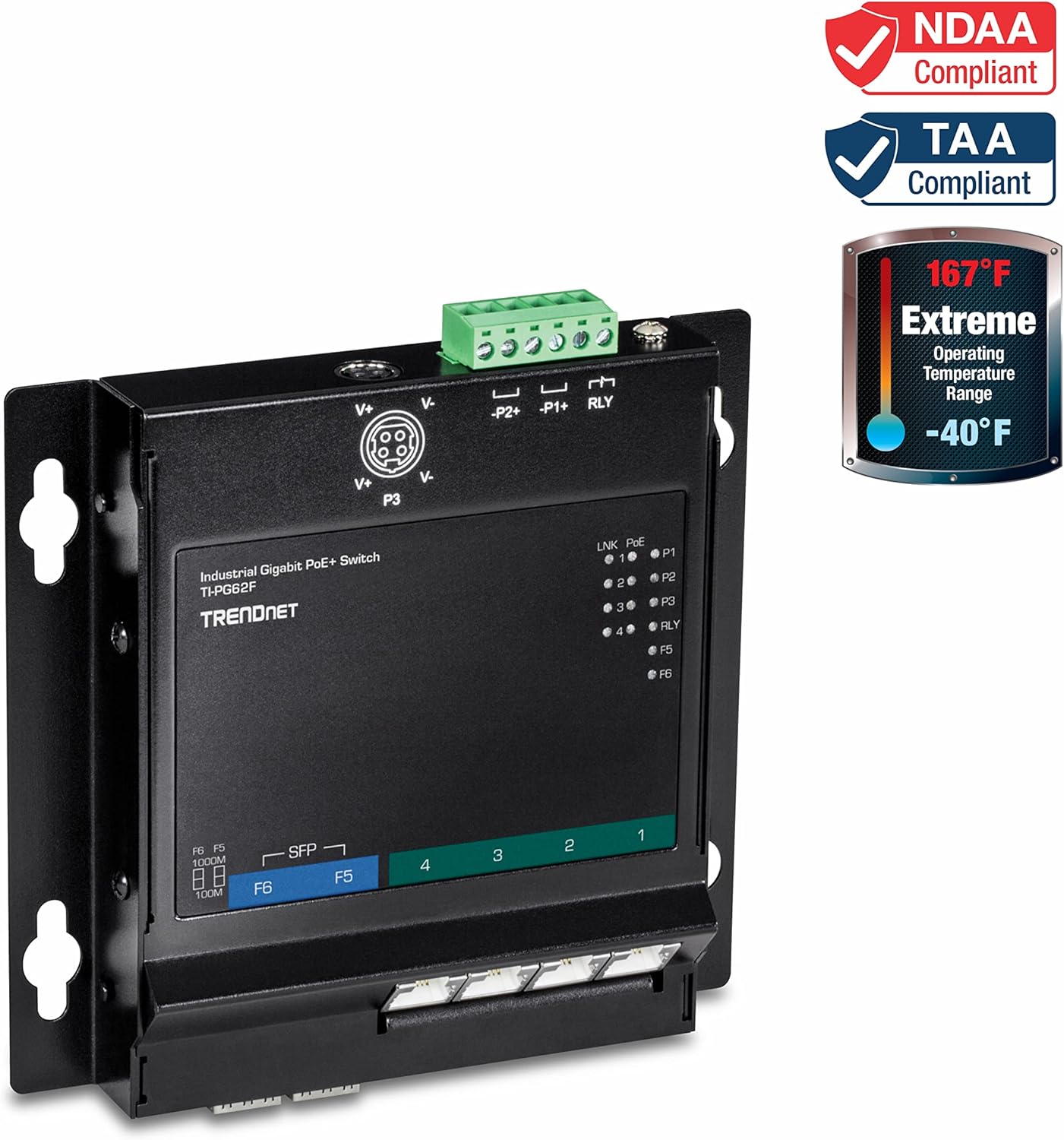 TRENDnet TI-PG62F 6-Port Industrial Gigabit PoE+ Wall-Mounted Front Access Switch
