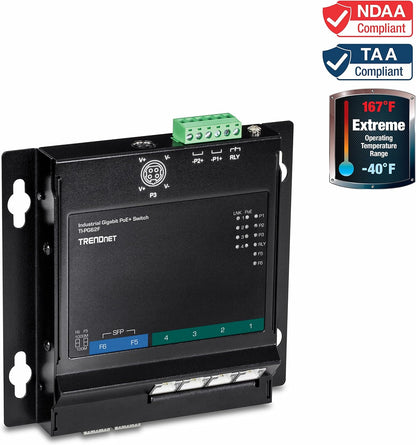 TRENDnet TI-PG62F 6-Port Industrial Gigabit PoE+ Wall-Mounted Front Access Switch