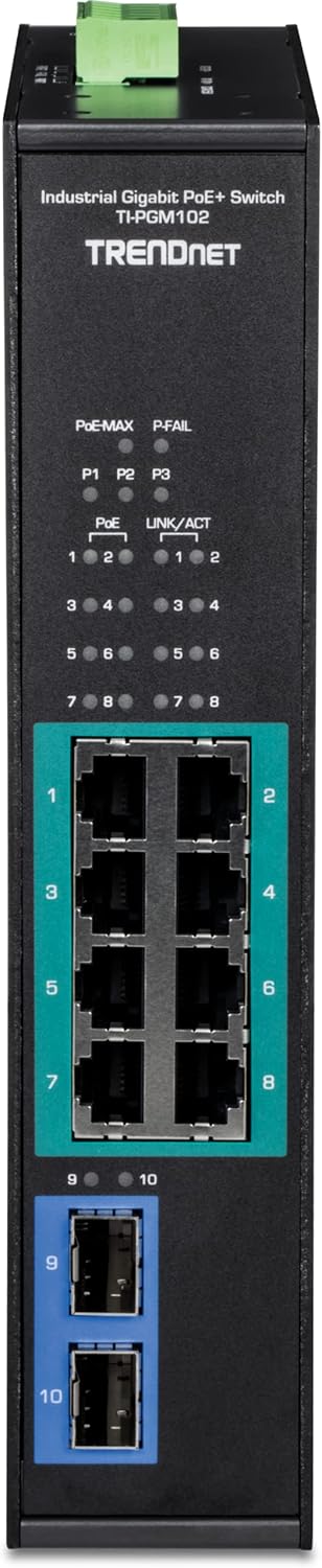 TRENDnet 10-Port Industrial Gigabit PoE+ Switch, WideTemperature Range -20° – 65°C (-4° – 149°F), DIN Rail Switch, 50-55V DC, 8 x Gigabit PoE+ Ports, 2 x Gigabit SFP Slots, TI-PGM102, Black