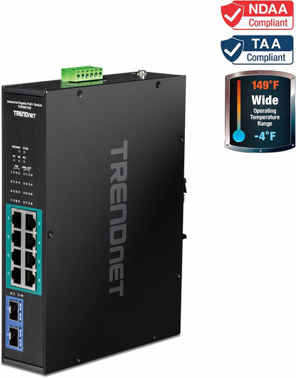 TRENDnet 10-Port Industrial Gigabit PoE+ Switch, WideTemperature Range -20° – 65°C (-4° – 149°F), DIN Rail Switch, 50-55V DC, 8 x Gigabit PoE+ Ports, 2 x Gigabit SFP Slots, TI-PGM102, Black