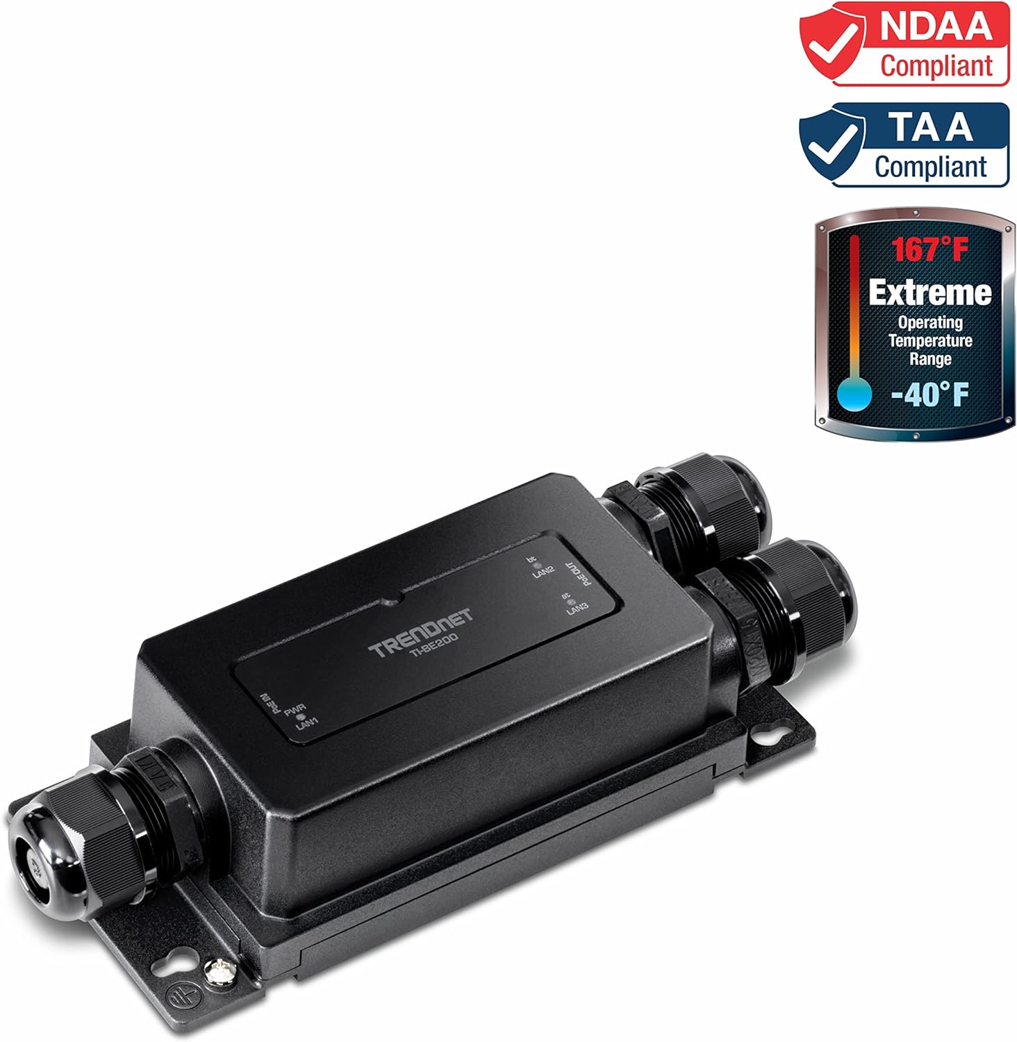 TRENDnet 2-Port Industrial Outdoor Gigabit PoE++ Extender, Gehärtetes IP67 Extremtemperaturbewertetes Gehäuse, Verlängert PoE++ Anschluss bis zu 200 m (70ft) für bis zu 2 Geräte, Schwarz, TI-BE200