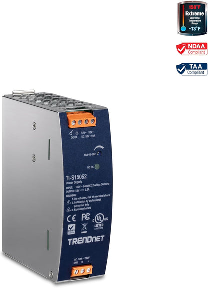 TRENDnet 150W, 52V DC, 2.89A AC to DC DIN-Rail Industrial Power Supply, Built-in Power Factor Controller Function, Extreme Operating Temperature Range -25° – 70° C (-13° – 158° F), Silver, TI-S15052 52V 150W