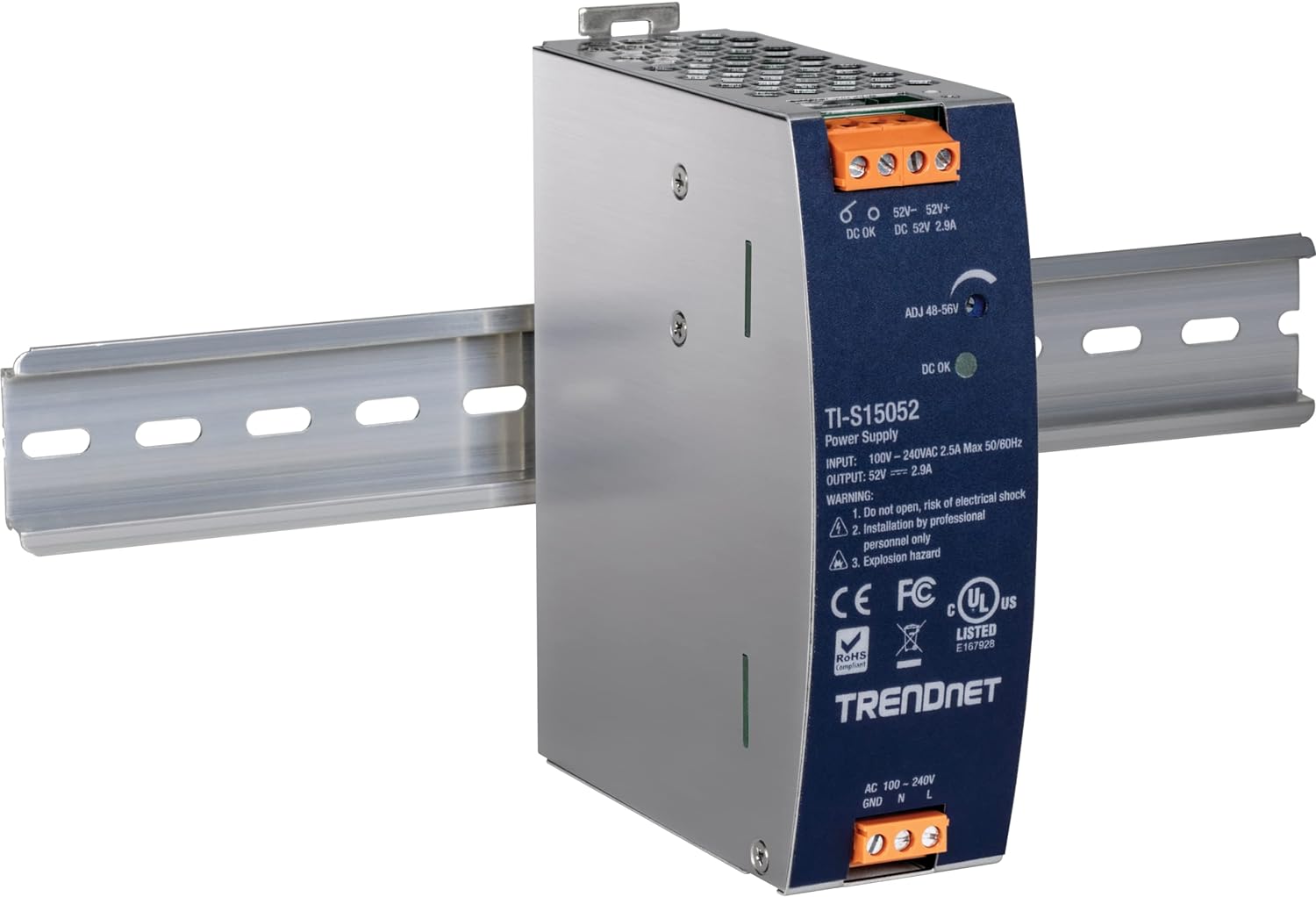 TRENDnet 150W, 52V DC, 2.89A AC to DC DIN-Rail Industrial Power Supply, Built-in Power Factor Controller Function, Extreme Operating Temperature Range -25° – 70° C (-13° – 158° F), Silver, TI-S15052 52V 150W