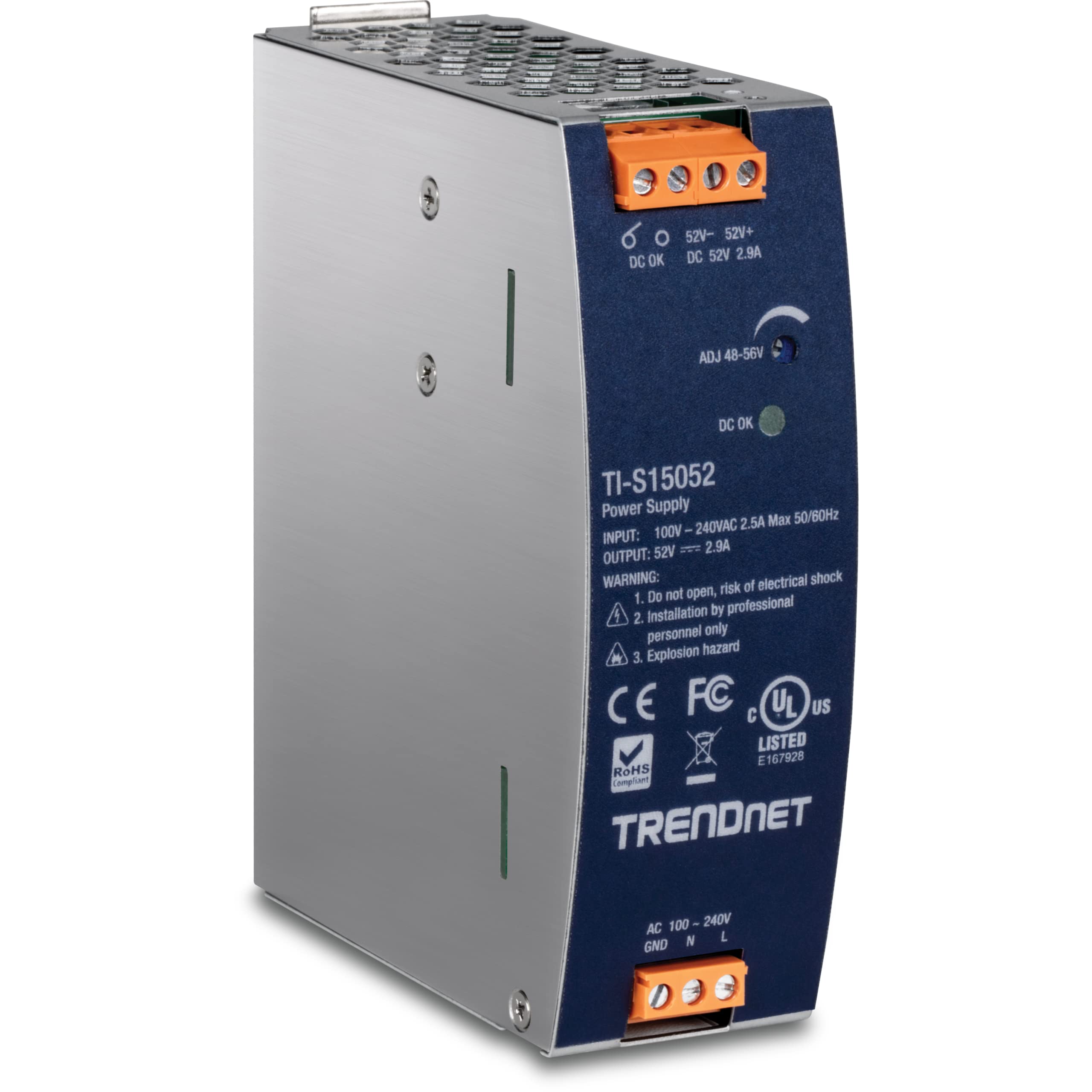 TRENDnet 150W, 52V DC, 2.89A AC to DC DIN-Rail Industrial Power Supply, Built-in Power Factor Controller Function, Extreme Operating Temperature Range -25° – 70° C (-13° – 158° F), Silver, TI-S15052 52V 150W