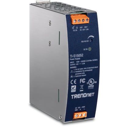 TRENDnet 150W, 52V DC, 2.89A AC to DC DIN-Rail Industrial Power Supply, Built-in Power Factor Controller Function, Extreme Operating Temperature Range -25° – 70° C (-13° – 158° F), Silver, TI-S15052 52V 150W
