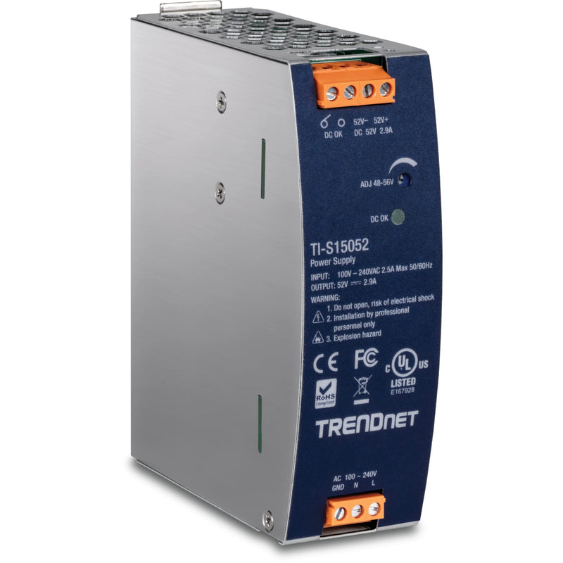 TRENDnet 150W, 52V DC, 2.89A AC to DC DIN-Rail Industrial Power Supply, Built-in Power Factor Controller Function, Extreme Operating Temperature Range -25° – 70° C (-13° – 158° F), Silver, TI-S15052 52V 150W
