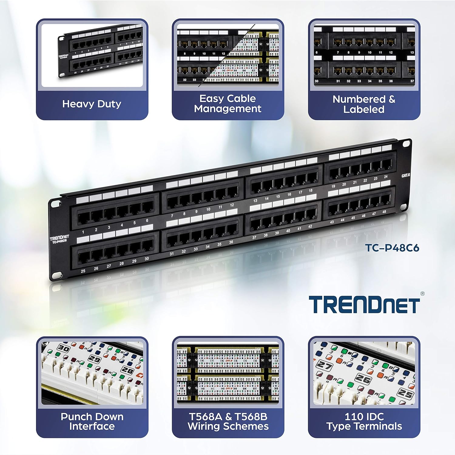 TRENDnet 48-Port Cat6 Unshielded Wall Mount or RackMount Patch Panel, Compatible with Cat 3/4/5/5e/6 Cabling, TC-P48C6 48-Port Cat 6