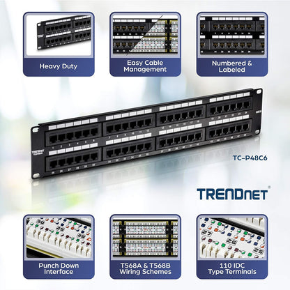 TRENDnet 48-Port Cat6 Unshielded Wall Mount or RackMount Patch Panel, Compatible with Cat 3/4/5/5e/6 Cabling, TC-P48C6 48-Port Cat 6