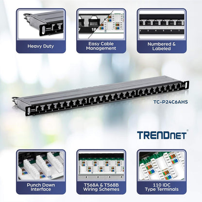 TRENDnet 24-Port CAT6A Shielded Half-U Patch Panel, 1000Base-T/10Gbase-T Support, Compatible with CAT5E, Cat6, CAT6A, 110 or Krone Type, TC-P24C6AHS 24 Port Half-U Cat6A
