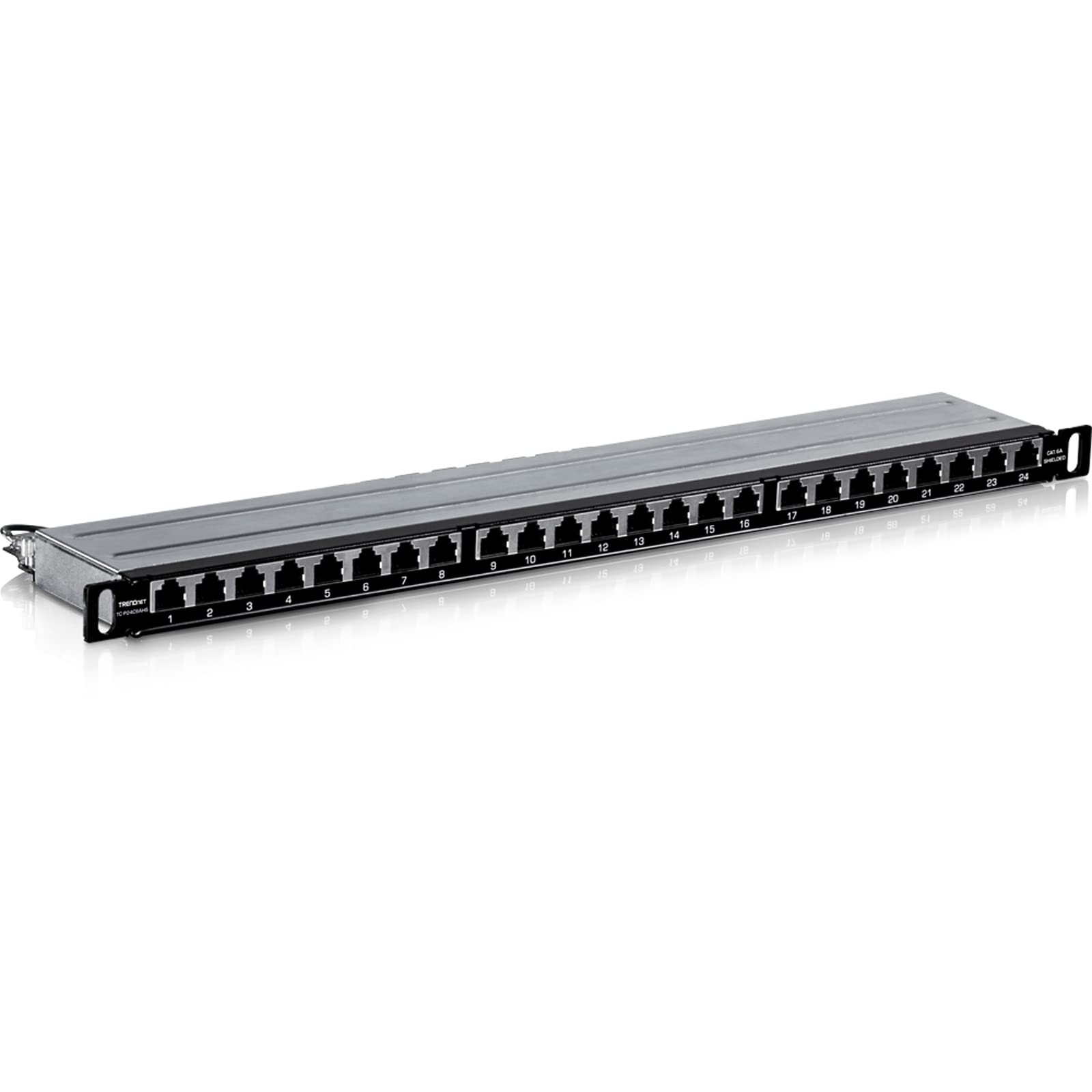 TRENDnet 24-Port CAT6A Shielded Half-U Patch Panel, 1000Base-T/10Gbase-T Support, Compatible with CAT5E, Cat6, CAT6A, 110 or Krone Type, TC-P24C6AHS 24 Port Half-U Cat6A