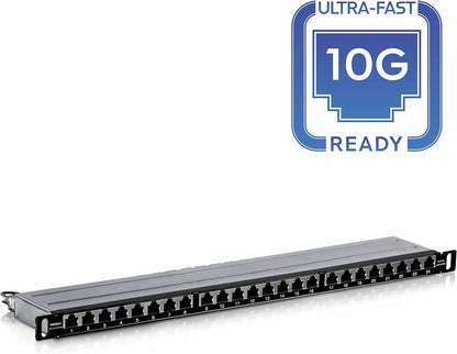 TRENDnet 24-Port CAT6A Shielded Half-U Patch Panel, 1000Base-T/10Gbase-T Support, Compatible with CAT5E, Cat6, CAT6A, 110 or Krone Type, TC-P24C6AHS 24 Port Half-U Cat6A