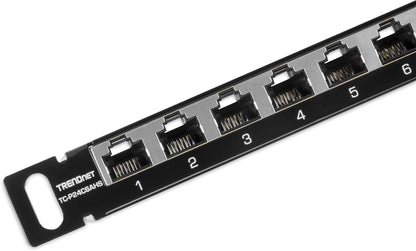 TRENDnet 24-Port CAT6A Shielded Half-U Patch Panel, 1000Base-T/10Gbase-T Support, Compatible with CAT5E, Cat6, CAT6A, 110 or Krone Type, TC-P24C6AHS 24 Port Half-U Cat6A