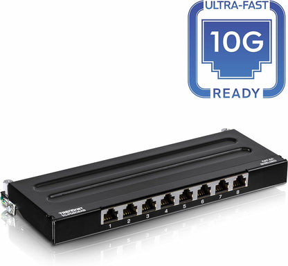 TRENDnet 8-Port Cat6A Shielded Wall Mount Patch Panel, 1000BASE-T/ 10GBASE-T Support, Wall mounting Options, Compatible with cat5e, cat6, cat6a, 110 or Krone Type, TC-P08C6AS 8 Port Cat6A