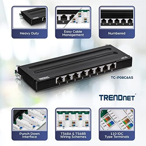 TRENDnet 8-Port Cat6A Shielded Wall Mount Patch Panel, 1000BASE-T/ 10GBASE-T Support, Wall mounting Options, Compatible with cat5e, cat6, cat6a, 110 or Krone Type, TC-P08C6AS 8 Port Cat6A