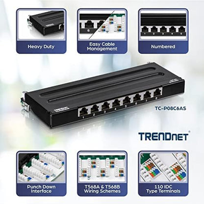 TRENDnet 8-Port Cat6A Shielded Wall Mount Patch Panel, 1000BASE-T/ 10GBASE-T Support, Wall mounting Options, Compatible with cat5e, cat6, cat6a, 110 or Krone Type, TC-P08C6AS 8 Port Cat6A
