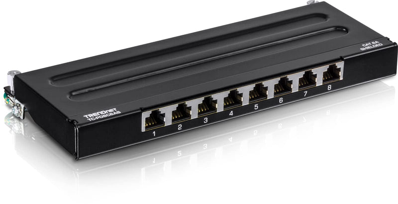 TRENDnet 8-Port Cat6A Shielded Wall Mount Patch Panel, 1000BASE-T/ 10GBASE-T Support, Wall mounting Options, Compatible with cat5e, cat6, cat6a, 110 or Krone Type, TC-P08C6AS 8 Port Cat6A
